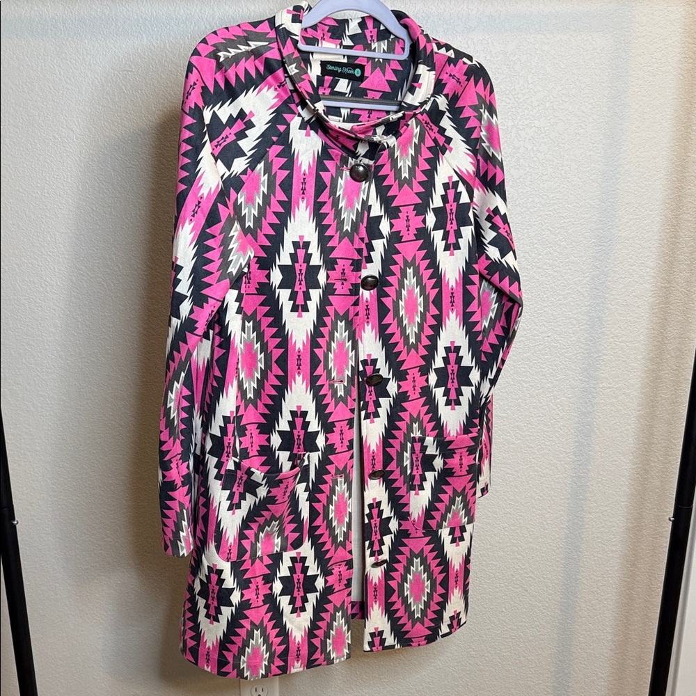 Sterling Kreek Pink Black Geometric Coat southwestern faux suede buffalo nickel
